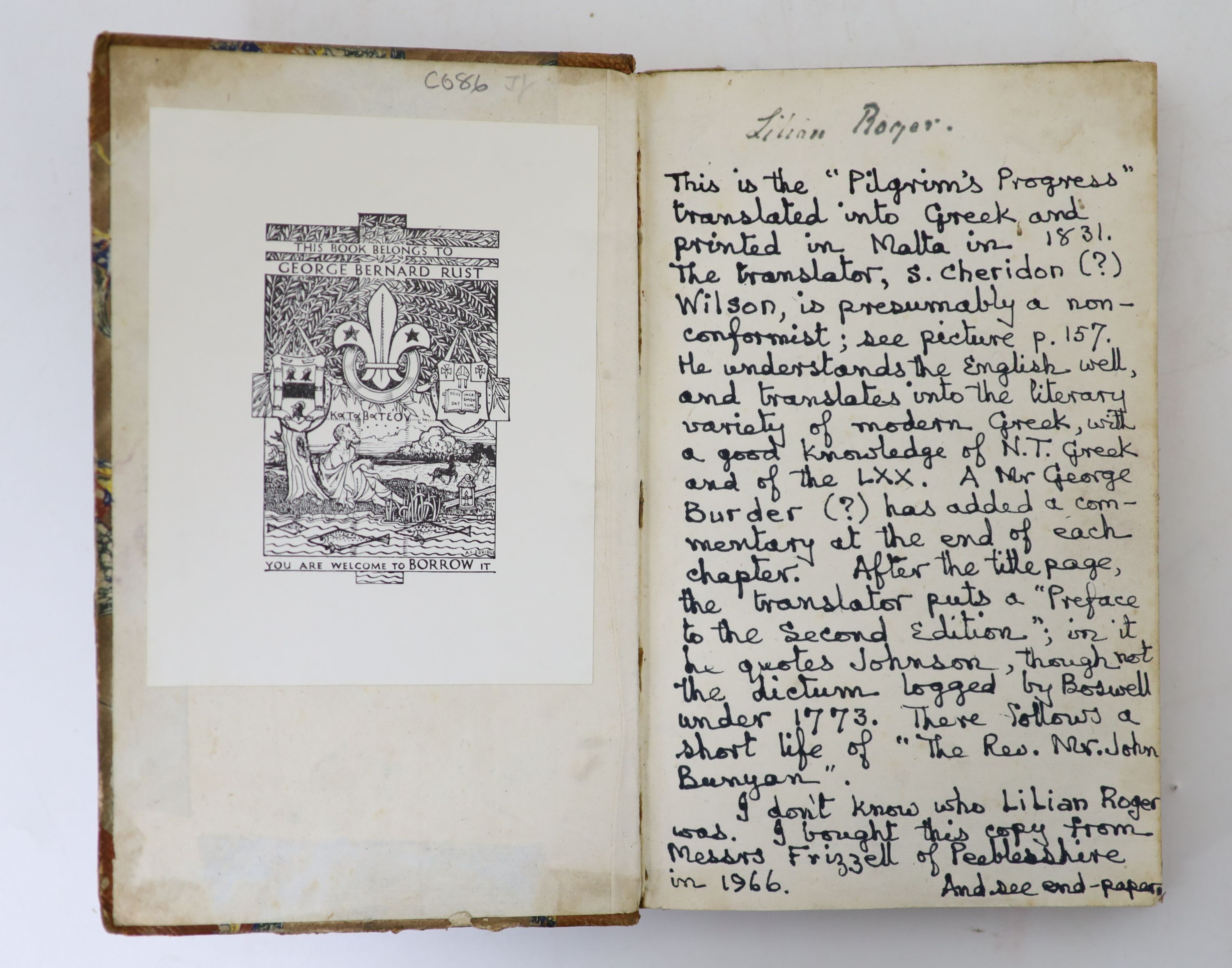Bunyan, John. Pilgrim's Progress.... i.e. Greek title page and text; wood engraved frontis. andother text illus.; VII, (8), 272, (4)pp.; old half calf and marbled boards, sm. 8vo. (Malta), 1831